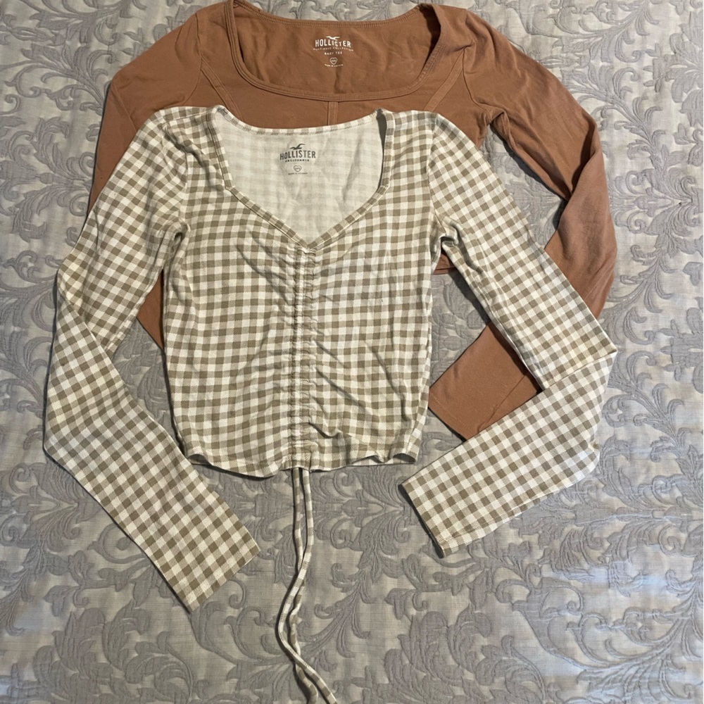 Hollister Women's Checkered and Brown Tops